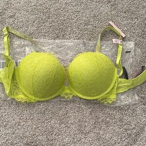 Victoria’s Secret very sexy neon lime green Lace Underwire Bra shine strap 36D